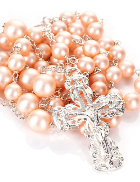 Sterling Silver Peach Pink Satin Glass Pearls Rosary Sterling Silver Peach Pink Satin Glass Pearls Rosary