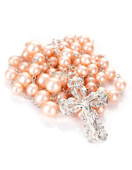 Sterling Silver Peach Pink Satin Glass Pearls Rosary Sterling Silver Peach Pink Satin Glass Pearls Rosary