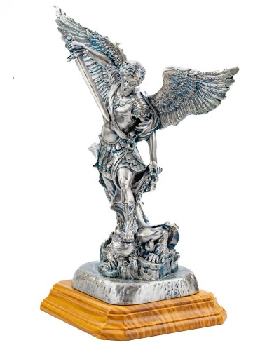 Sterling Silver Plated St. Michael the Archangel Olive Wood Base Large Statue
