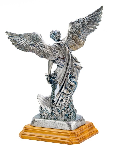 Sterling Silver Plated St. Michael the Archangel Olive Wood Base Large Statue
