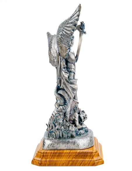 Sterling Silver Plated St. Michael the Archangel Olive Wood Base Large Statue
