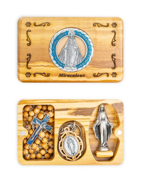 Olive Wood Rosary Virgin Mary Miraculous Collection Box Set