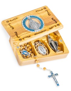 Olive Wood Rosary Virgin Mary Miraculous Collection Box Set