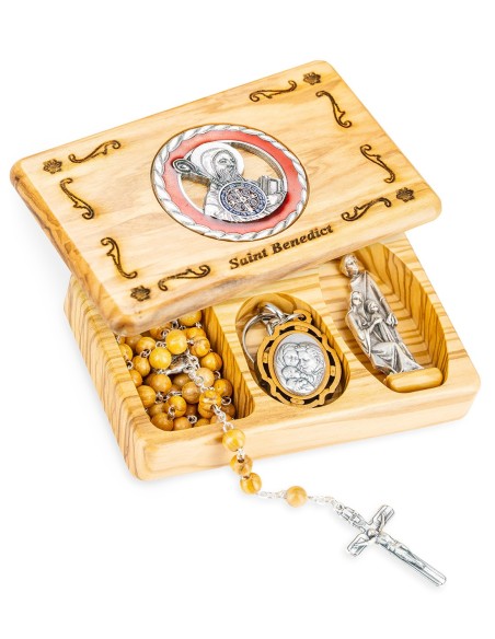 Olive Wood Rosary St. Benedict Collection Box Set