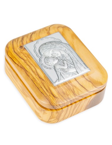 Sterling Silver Virgin Mary Child Jesus Plaque Olive Wood Rosary Box
