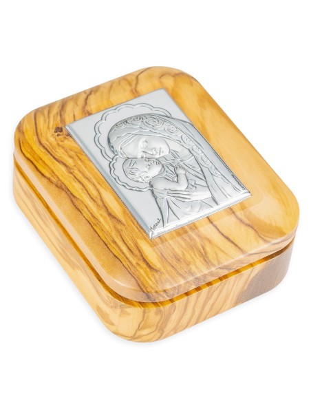Sterling Silver Virgin Mary Child Jesus Plaque Olive Wood Rosary Box