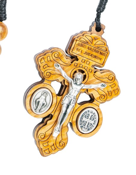Olive Wood Cord Pardon Crucifix Rosary Necklace