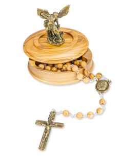 Olive Wood Rosary St. Michael the Archangel Figurine Box Set Gold Tone