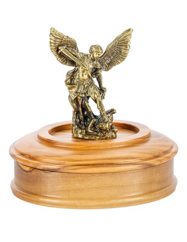 Olive Wood Rosary St. Michael the Archangel Figurine Box Set Gold Tone