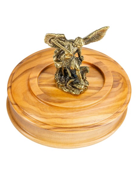 Olive Wood Rosary St. Michael the Archangel Figurine Box Set Gold Tone