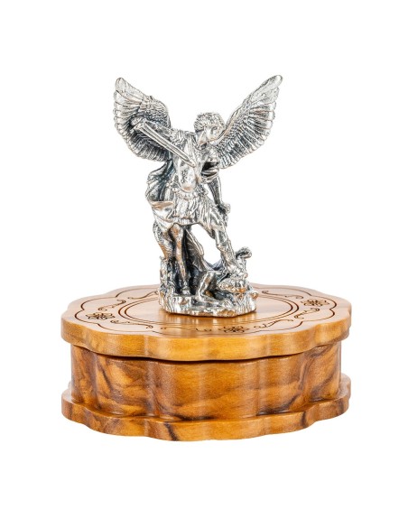 Olive Wood Rosary St. Michael the Archangel Figurine Box Set Silver Tone