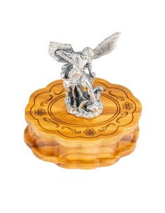 Olive Wood Rosary St. Michael the Archangel Figurine Box Set Silver Tone 2