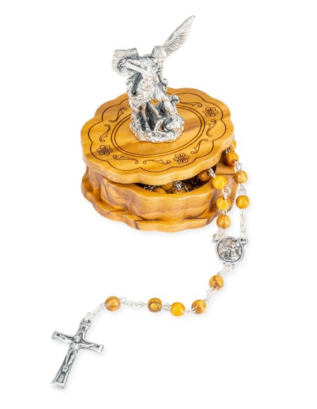 Olive Wood Rosary St. Michael the Archangel Figurine Box Set Silver Tone