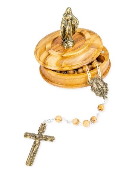 Olive Wood Rosary Our Lady of Grace Figurine Box Set Gold Tone