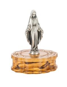 Olive Wood Rosary Our Lady of Grace Figurine Box Set Silver Tone 2