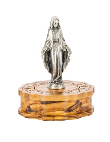 Olive Wood Rosary Our Lady of Grace Figurine Box Set Silver Tone
