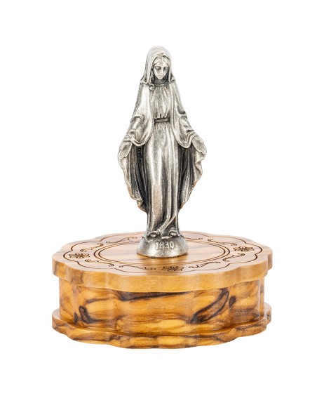 Olive Wood Rosary Our Lady of Grace Figurine Box Set Silver Tone