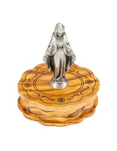 Olive Wood Rosary Our Lady of Grace Figurine Box Set Silver Tone