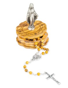 Olive Wood Rosary Our Lady of Grace Figurine Box Set Silver Tone