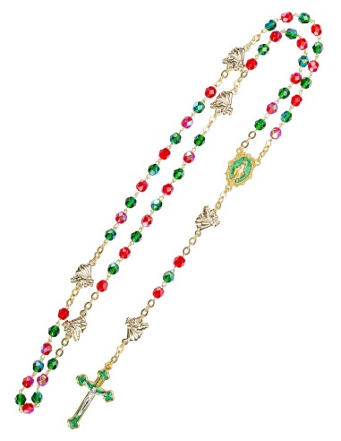 Faceted Red Green Glass Gold Tone Rosary