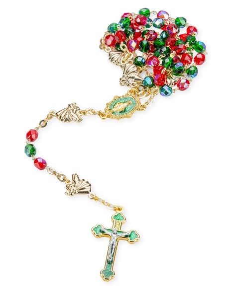 Faceted Red Green Glass Gold Tone Rosary