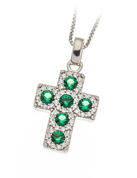 Sterling Silver Green White Cubic Zirconia Cross Pendant Necklace