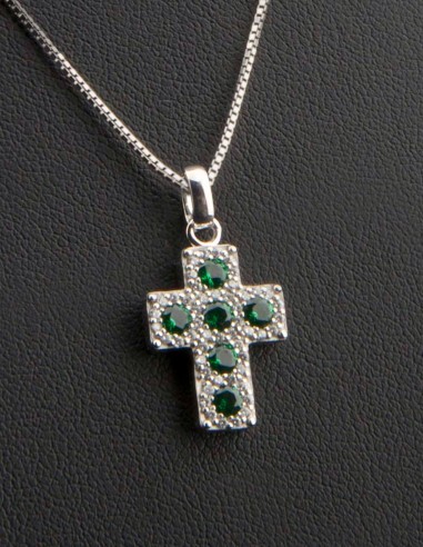 Sterling Silver Green White Cubic Zirconia Cross Pendant Necklace