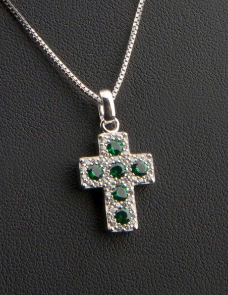 Sterling Silver Green White Cubic Zirconia Cross Pendant Necklace
