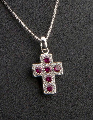 Sterling Silver Pink White Cubic Zirconia Cross Pendant Necklace