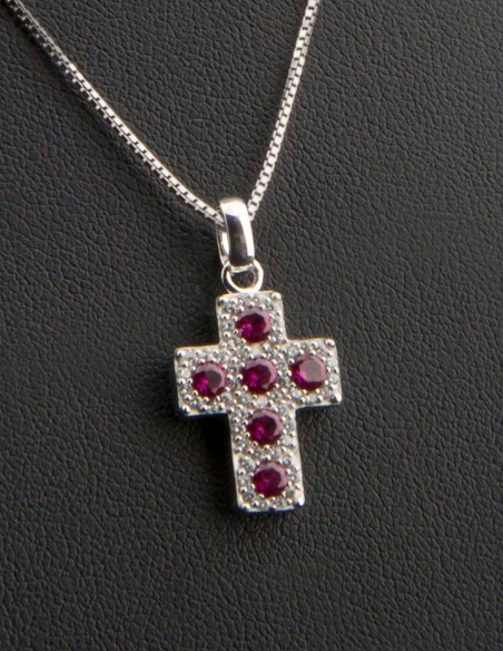 Sterling Silver Pink White Cubic Zirconia Cross Pendant Necklace