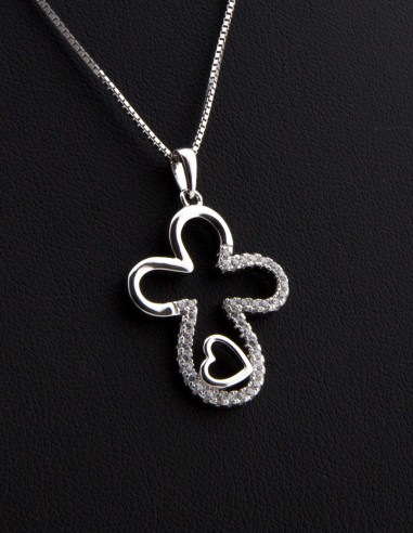 Sterling Silver Rounded Cross with Heart & Cubic Zirconia Pendant Necklace
