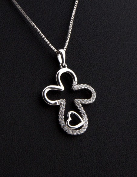Sterling Silver Rounded Cross with Heart & Cubic Zirconia Pendant Necklace