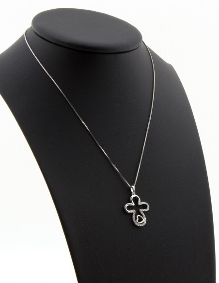 Sterling Silver Rounded Cross with Heart & Cubic Zirconia Pendant Necklace