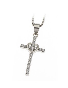 Sterling Silver Cubic Zirconia Dainty Heart Cross Pendant Necklace