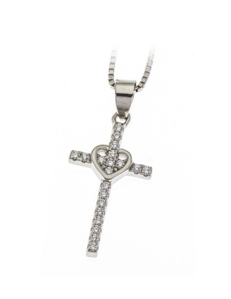Sterling Silver Cubic Zirconia Dainty Heart Cross Pendant Necklace