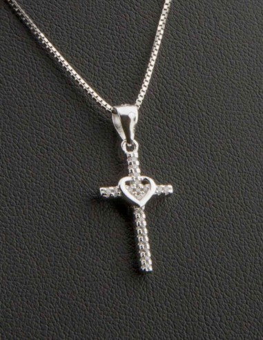 Sterling Silver Cubic Zirconia Dainty Heart Cross Pendant Necklace
