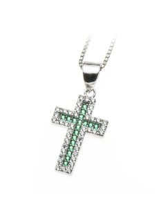 Sterling Silver Green & White Cubic Zirconia Pavé Cross Pendant Necklace