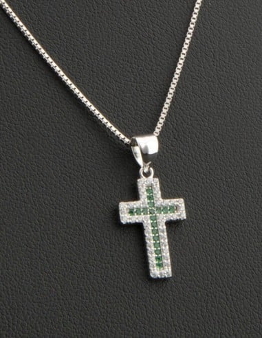 Sterling Silver Green & White Cubic Zirconia Cross Pendant Necklace