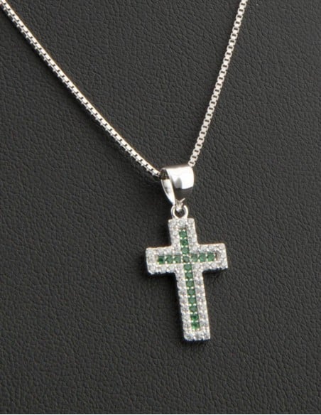 Sterling Silver Green & White Cubic Zirconia Cross Pendant Necklace