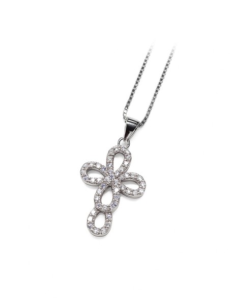 Sterling Silver Cubic Zirconia Rounded Loop Cross Pendant Necklace