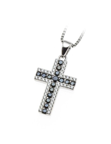 Sterling Silver Black & White Cubic Zirconia Cross Pendant Necklace