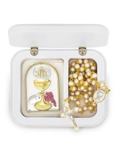 First Holy Communion Box Set JHS Chalice & Gold-tone Pearl Rosary 2