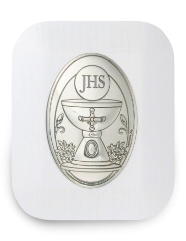 First Holy Communion Box Set JHS Chalice & Gold-tone Pearl Rosary