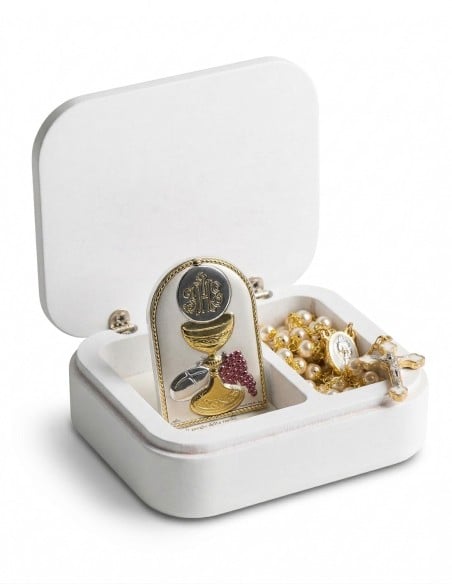 First Holy Communion Box Set JHS Chalice & Gold-tone Pearl Rosary