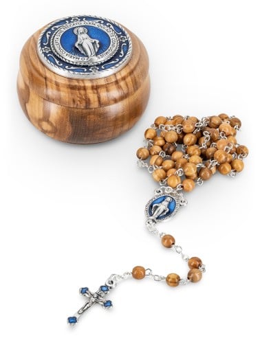 Olive Wood Rosary & Box 2-Piece Set Our Lady of Grace Miraculous Medal