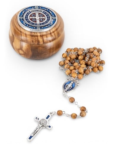 Olive Wood Rosary & Box 2-Piece Set St. Benedict Medal