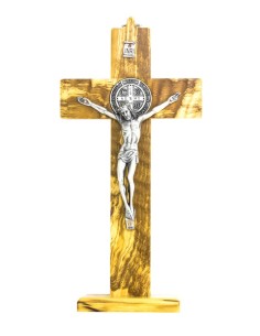 St. Benedict Crucifix Olive wood with base - Prestige series