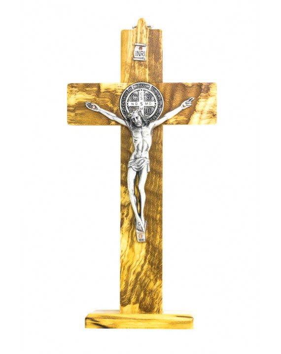 St. Benedict Crucifix Olive wood with base - Prestige series