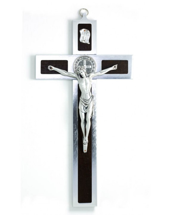 St. Benedict Crucifix aluminium and walnut wood